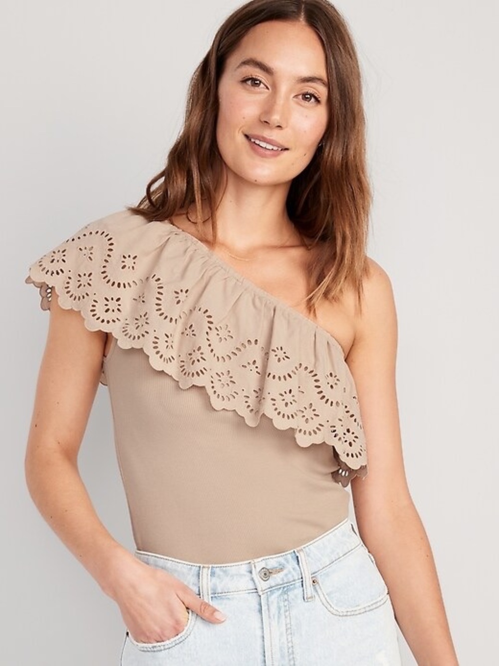 Old Navy Women’s Eyelet One-Shoulder Paneled Rib-Knit Top - US L